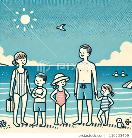 一家人手牽手在海邊俯瞰大海的插圖 116235409