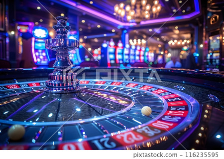 Luxurious Casino Interior with Roulette Table and Slot Machines - Ideal for Gambling, Entertainment, and Nightlife Themes Generative AI 116235595