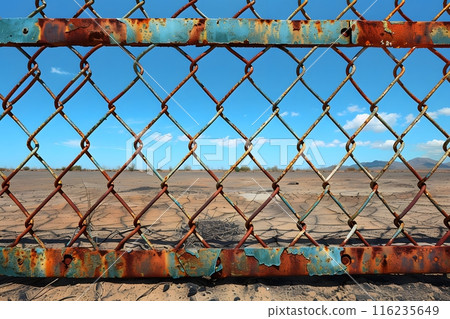 Rusty Chain-Link Fence with Peeling Paint in Deserted Landscape - Concept of Decay and Abandonment Generative AI 116235649
