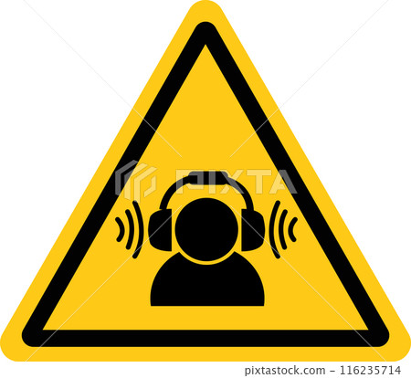 Hearing protection icon. High noise level warning sign. Yellow triangle sign with a human head icon with headphones inside symbol. Warning sign high noise levels logo. flat style. Hearing protection icon. High noise level warning sign. Yellow triangle sign with a human head icon with headphones inside symbol. Warning sign high noise levels logo. flat style. 116235714