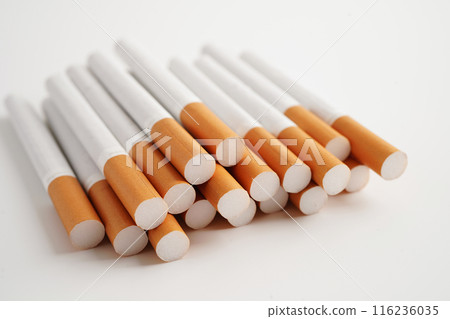 Cigarette, roll tobacco in paper with filter tube, No smoking concept. 116236035