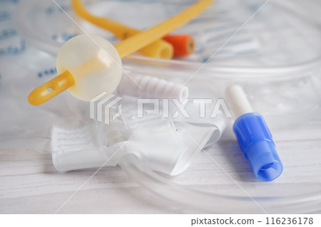 Foley catheter and urine drainage bag collect urine for disability or patient in hospital. 116236178