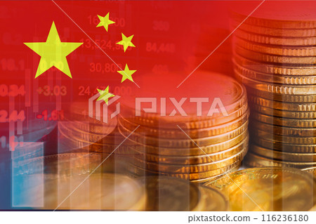 China flag with stock market finance, economy trend graph digital technology. China flag with stock market finance, economy trend graph digital technology. 116236180