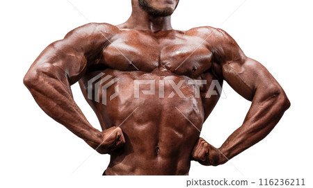 male bodybuilder pose double biceps isolated on white background male bodybuilder pose double biceps isolated on white background 116236211