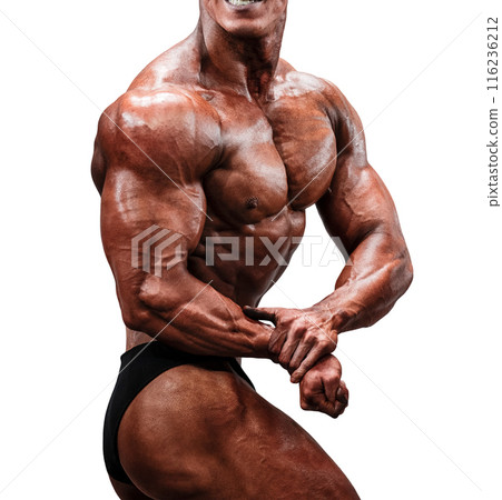 bodybuilder show side chest pose for bodybuilding isolated on white background 116236212
