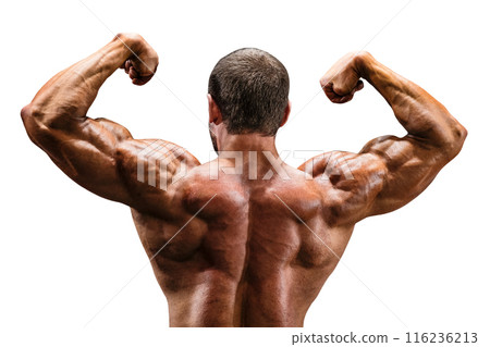 athlete bodybuilder posing back double biceps for bodybuilding isolated on white background 116236213