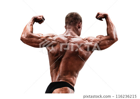 bodybuilder posing back double biceps isolated on white background 116236215