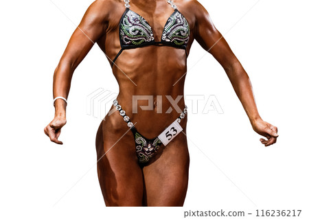 women athlete posing figure front for bikini fitness isolated on white background women athlete posing figure front for bikini fitness isolated on white background 116236217