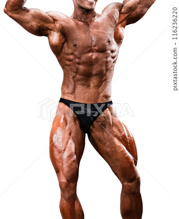 athlete bodybuilder abdominals and thigh pose for bodybuilding isolated on white background athlete bodybuilder abdominals and thigh pose for bodybuilding isolated on white background 116236220
