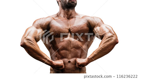 bodybuilder posing double biceps isolated on white background 116236222