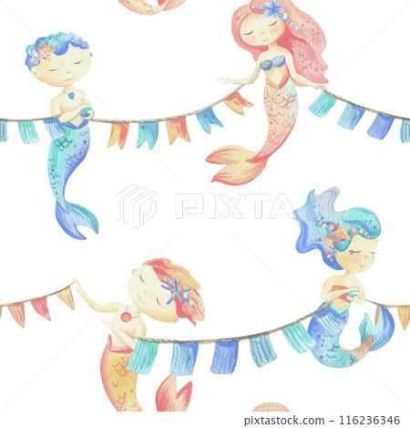 Mermaids is a little girl and boy with flags garland festive. Watercolor illustration hand drawn with pastel colors turquoise, blue, coral, pink. Seamless pattern on a white background 116236346