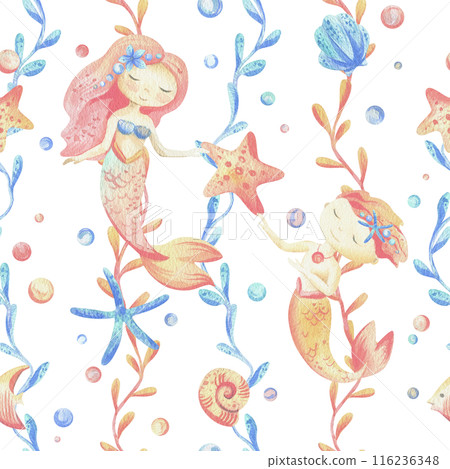 Mermaids is a little girls and boys with fish, seashell, corals, algae, starfish. Watercolor illustration hand drawn pastel colors coral and blue. Seamless pattern on a white background 116236348