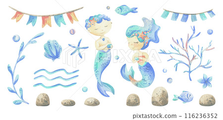 Mermaids is a little girls and boys with fish, seashell, corals, algae, starfish. Watercolor illustration hand drawn pastel colors coral and blue. Large set of elements isolated from background. 116236352