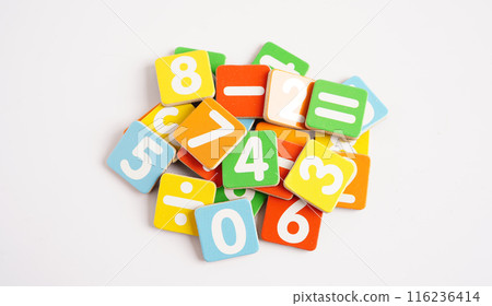 Number wood block cubes for learning Mathematic, education math concept. 116236414