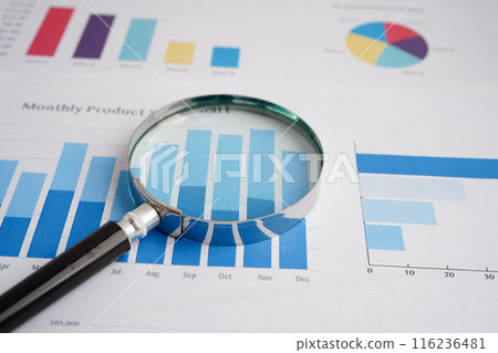 Magnifying glass on charts graphs paper. Financial development, Banking Account, Statistics, Investment Analytic research data economy. 116236481