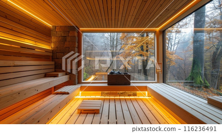 Modern sauna interior with wooden benches, soft lighting, and a stone stove in a cozy atmosphere 116236491