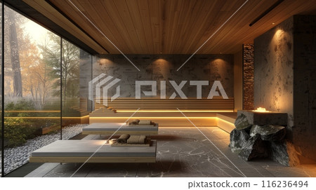 Modern sauna interior with wooden benches, soft lighting, and a stone stove in a cozy atmosphere 116236494