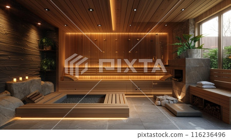 Modern sauna interior with wooden benches, soft lighting, and a stone stove in a cozy atmosphere 116236496
