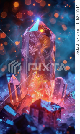 Sparkling Pink Crystals In Dreamlike Vertical Backdrop. Healing Gemstones, Reiki Energy, New Age. 116236514