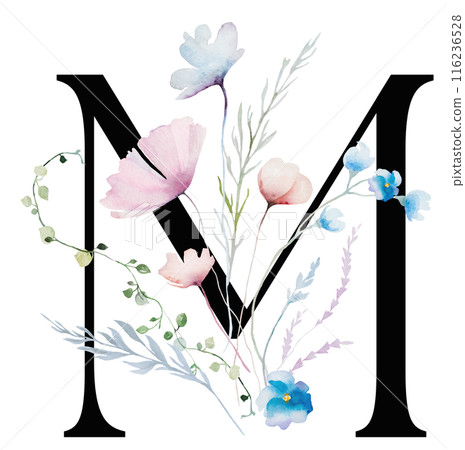 Black letter M with Watercolor pastel tender wild flowers and leaves, wedding isolated illustration 116236528