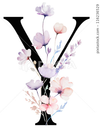 Black letter Y with Watercolor pastel tender wild flowers and leaves, wedding isolated illustration 116236529