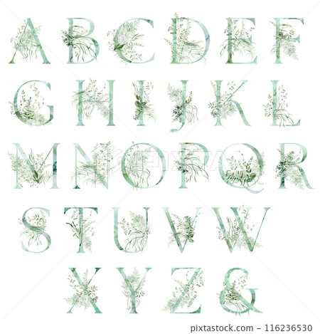 Green Alphabet letters with Watercolor whimsical tender leaves, wedding isolated illustration 116236530