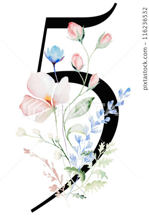 Black number 5 with Watercolor pastel wild flowers and leaves, wedding isolated illustration 116236532