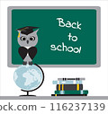 Stacks of books, a wise owl in a graduate hat sits on a globe. Green background chalkboard inscription back to school. Modern design template banner. Vector 116237139