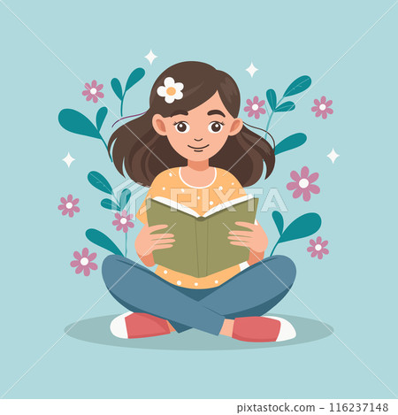 Cute girl sitting reading a book and dreaming. Portrait of a girl with a book. Education and recreation concept. Illustration in flat style. 116237148