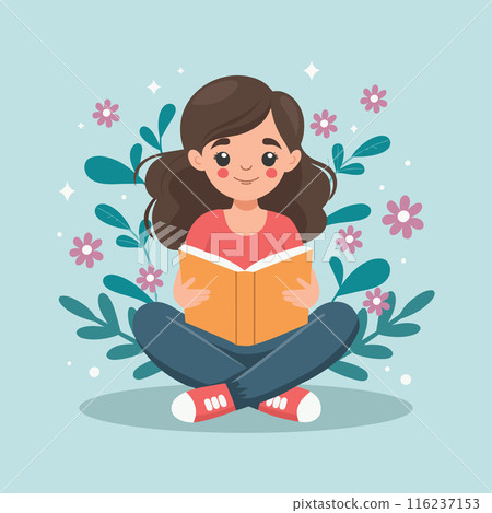 Cute girl sitting reading a book and dreaming. Portrait of a girl with a book. Education and recreation concept. Illustration in flat style. 116237153