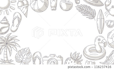 Summer minimalist horizontal banner, beach accessories gray monochrome icons. Round border frame, copy space in the middle, isolated on white. Enjoy every moment. For poster, flyer, card, invitation Summer minimalist horizontal banner, beach accessories gray monochrome icons. Round border frame, copy space in the middle, isolated on white. Enjoy every moment. For poster, flyer, card, invitation 116237416
