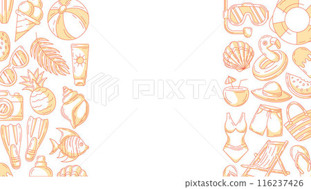 Summer minimalist horizontal banner, beach accessories monochrome orange icons. Side borders frame, copy space, isolated on white. For poster, flyer, card, invitation, social media, party or event Summer minimalist horizontal banner, beach accessories monochrome orange icons. Side borders frame, copy space, isolated on white. For poster, flyer, card, invitation, social media, party or event 116237426