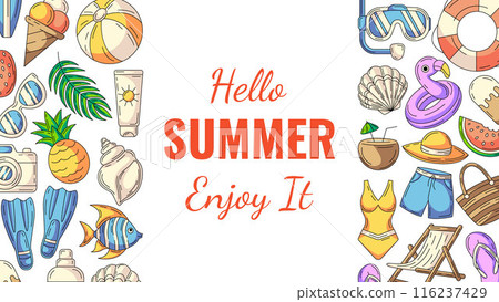 Summer colorful horizontal banner, beach accessories icons. Side borders frame, copy space, isolated on white. Hello summertime. For poster, flyer, card, invitation, social media, party or event Summer colorful horizontal banner, beach accessories icons. Side borders frame, copy space, isolated on white. Hello summertime. For poster, flyer, card, invitation, social media, party or event 116237429