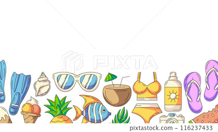 Summer colorful horizontal banner with beach accessories icons. Bottom border of frame, copy space, isolated on white. Summertime. For poster, flyer, card, invitation, social media, party or event 116237433