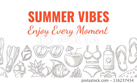 Summer minimalist horizontal banner, beach monochrome gray accessories icons. Bottom border frame, copy space, isolated on white. Summer vibes, enjoy every moment. For poster, flyer, card, invitation 116237434