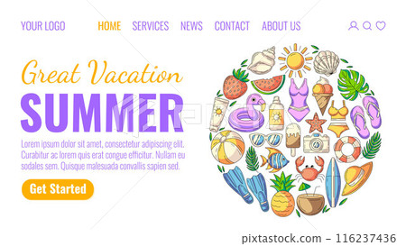Summer beach holiday elements, round shape. Creative landing page vector template for website, web, online store, banner. Concept of summertime, season vacation, travel destination, tourism 116237436