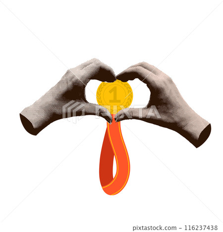 Halftone collage hands in heart gesture holding first place gold medal. Business success, sport victory, goal achievement isolated concept. Vector illustration isolated on transparent background 116237438