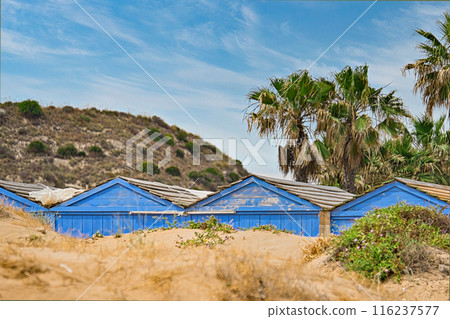 Weathered blue beach huts on sandy beach, drowning in dunes near lush palm trees and scenic hillsides under clear blue sky Weathered blue beach huts on sandy beach, drowning in dunes near lush palm trees and scenic hillsides under clear blue sky 116237577