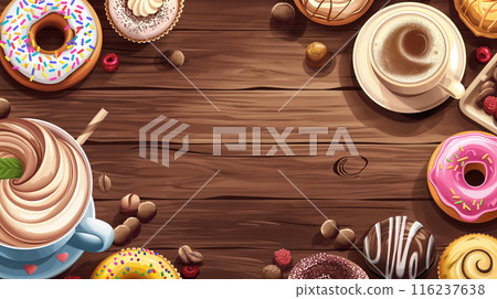 Sweet sweets background illustration wood table coffee cafe drink candy dessert 116237638