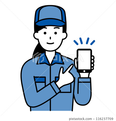 一位穿著工作服的女士指著智慧型手機螢幕 一位穿著工作服的女士指著智慧型手機螢幕 116237709