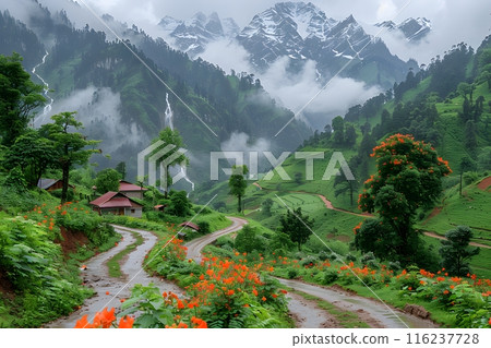 Scenic Mountain Landscape with Lush Greenery, Winding Road, and Vibrant Orange Flowers - Perfect for Travel Guides, Nature Prints, and Inspirational Posters Generative AI Scenic Mountain Landscape with Lush Greenery, Winding Road, and Vibrant Orange Flowers - Perfect for Travel Guides, Nature Prints, and Inspirational Posters Generative AI 116237728