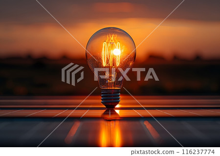 Sunset Innovation: Lightbulb on Solar Panel, Renewable Energy Concept for Sustainable Future Designs Generative AI 116237774