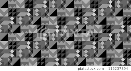 This artwork features a monochromatic abstract geometric pattern with triangles and squares in various shades of gray This artwork features a monochromatic abstract geometric pattern with triangles and squares in various shades of gray 116237894