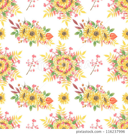 Watercolor hand drawn autumn seamless pattern with sunflower, rowan, leaves, physalis on white background. Endless fall backdrop. White background. Pattern for textile and paper Watercolor hand drawn autumn seamless pattern with sunflower, rowan, leaves, physalis on white background. Endless fall backdrop. White background. Pattern for textile and paper 116237996