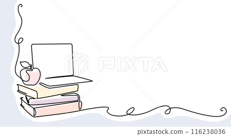 Books stack with notebook and apple over. Corner frame. 116238036