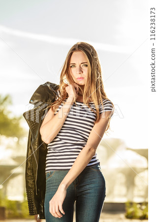 woman casual style on city street woman casual style on city street 116238173