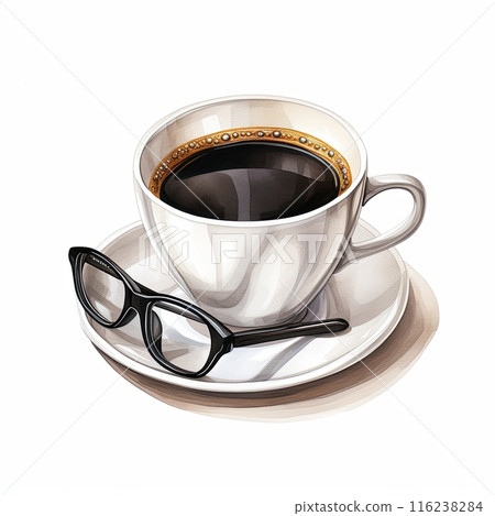 Black glasses on a saucer next to a white coffee cup on a white background. 116238284