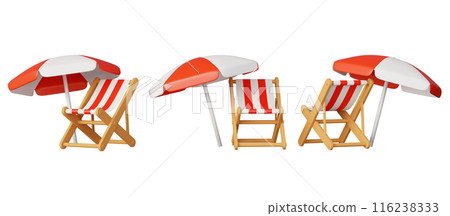 Red beach chair and parasol 3D graphics at various angles 116238333