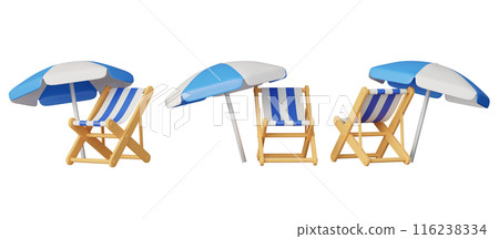 Blue beach chair and parasol 3D graphics at various angles 116238334