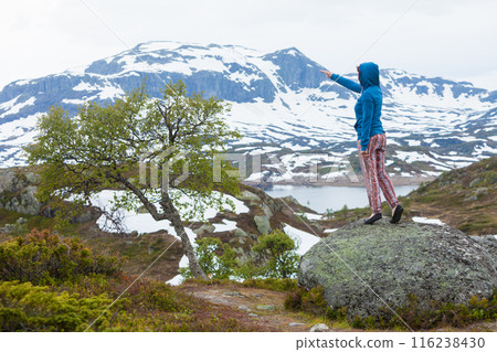 Tourist woman enjoying mountains landscape in Norway Tourist woman enjoying mountains landscape in Norway 116238430